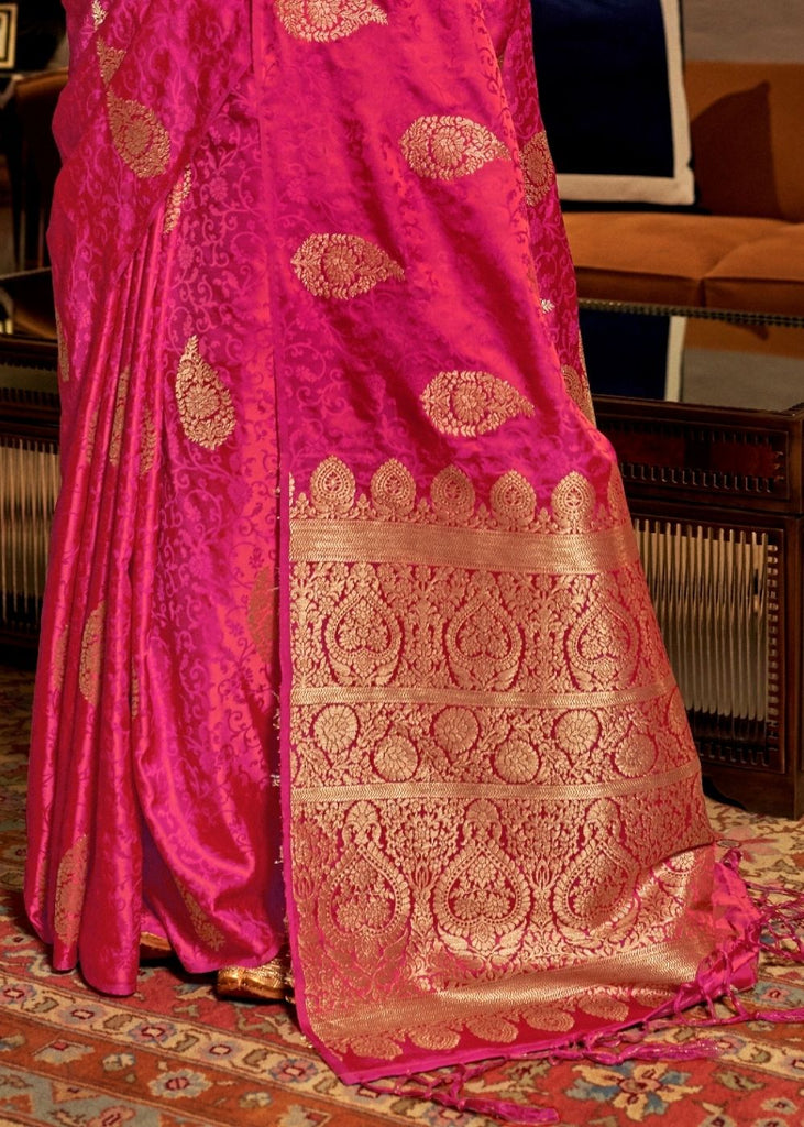 Ruby Pink Satin Woven Silk Saree with overall Golden Buti Clothsvilla