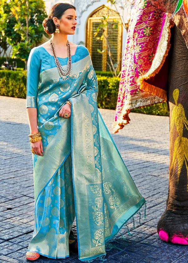 Sky Blue Handloom Weave Kanjivaram Silk Saree Clothsvilla