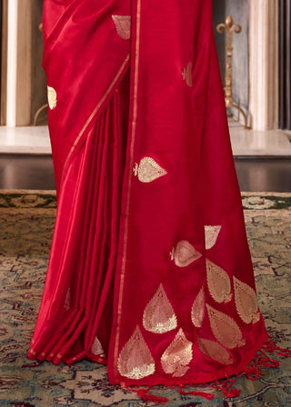 Rose Red Zari Butta Woven Banarasi Silk Saree : Top Pick Clothsvilla