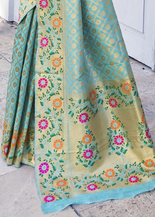 Arctic Blue and Golden Blend Silk Saree with Floral Woven Border and Pallu Clothsvilla