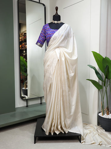 White Fancy Silk Saree With Designer Blouse - Sarees Designer Collection