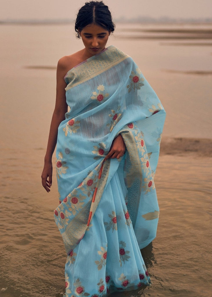 Azure Blue Woven Linen Silk Saree with Floral Motif on Pallu and Border Clothsvilla