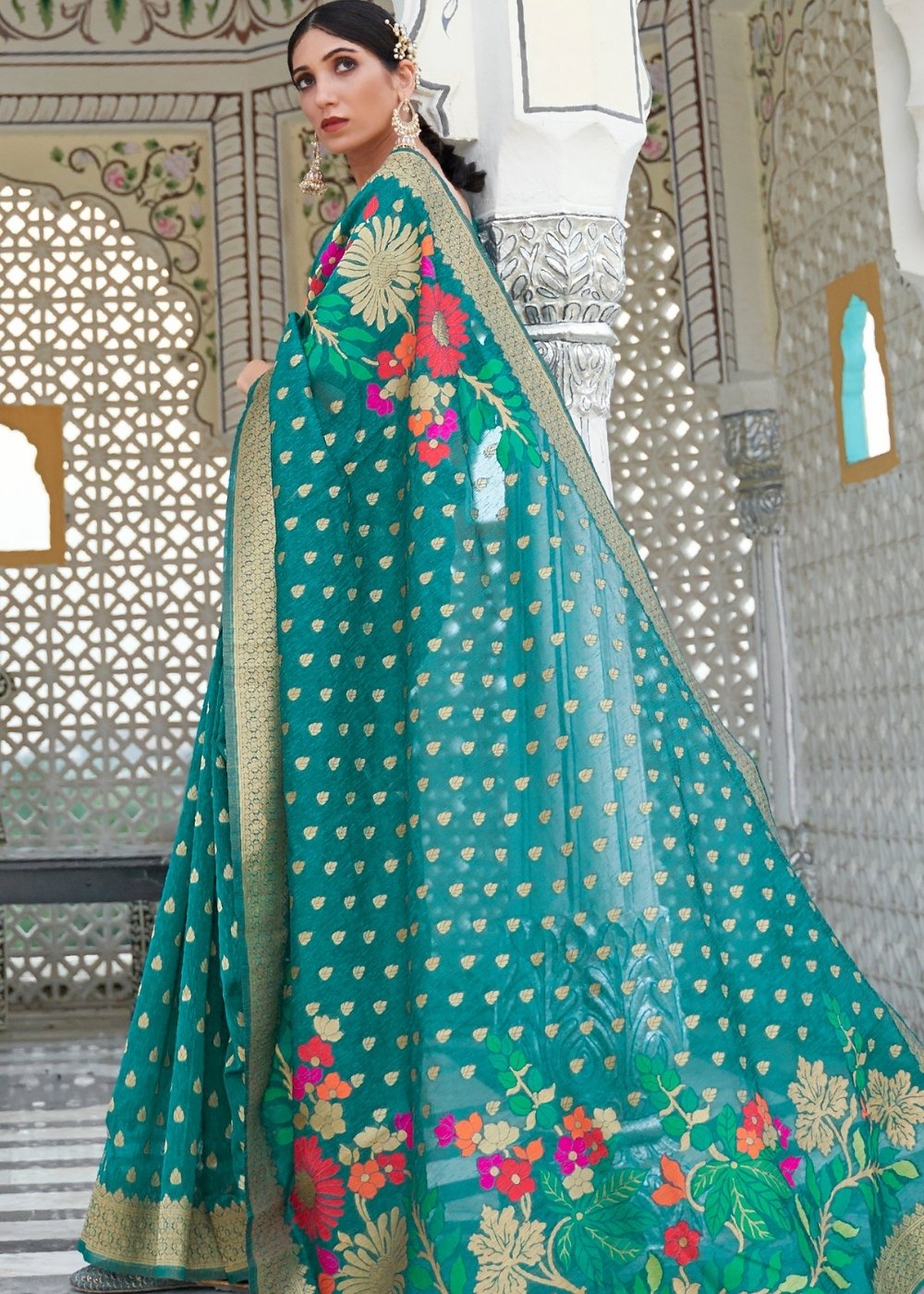 Pine Green Floral Embroidered Linen Silk Saree Secondary image