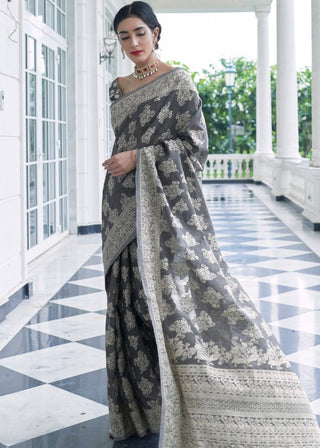 Silver Grey Lucknowi Chikankari Weaving Silk Saree Clothsvilla