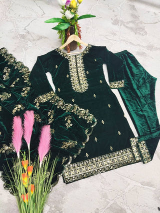Fashionable Velvet Green Color Salwar Suit Clothsvilla