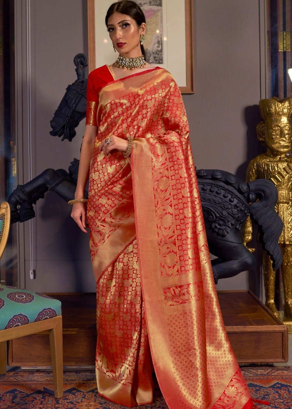 Tomato Red and Golden Blend Kanjivaram Soft Woven Silk Saree Clothsvilla Main image