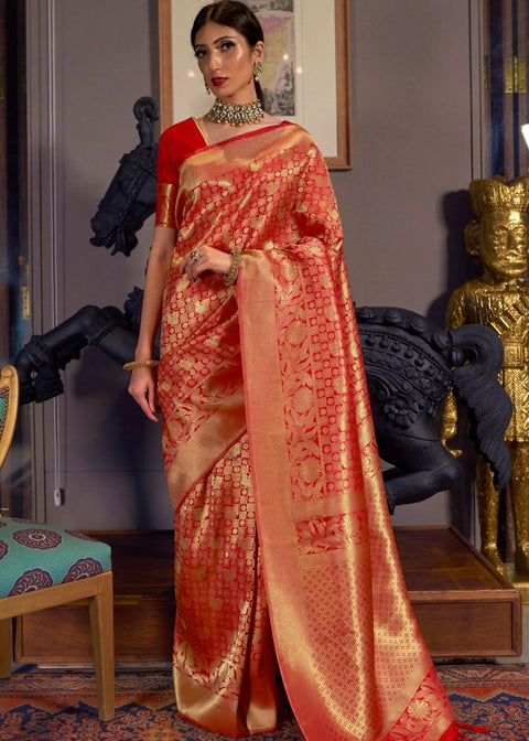 Tomato Red and Golden Blend Kanjivaram Soft Woven Silk Saree Clothsvilla Main image