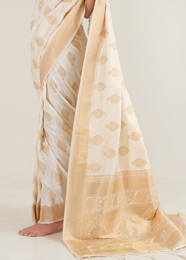 Beige White Zari Butta Woven Banasari Silk Saree Clothsvilla