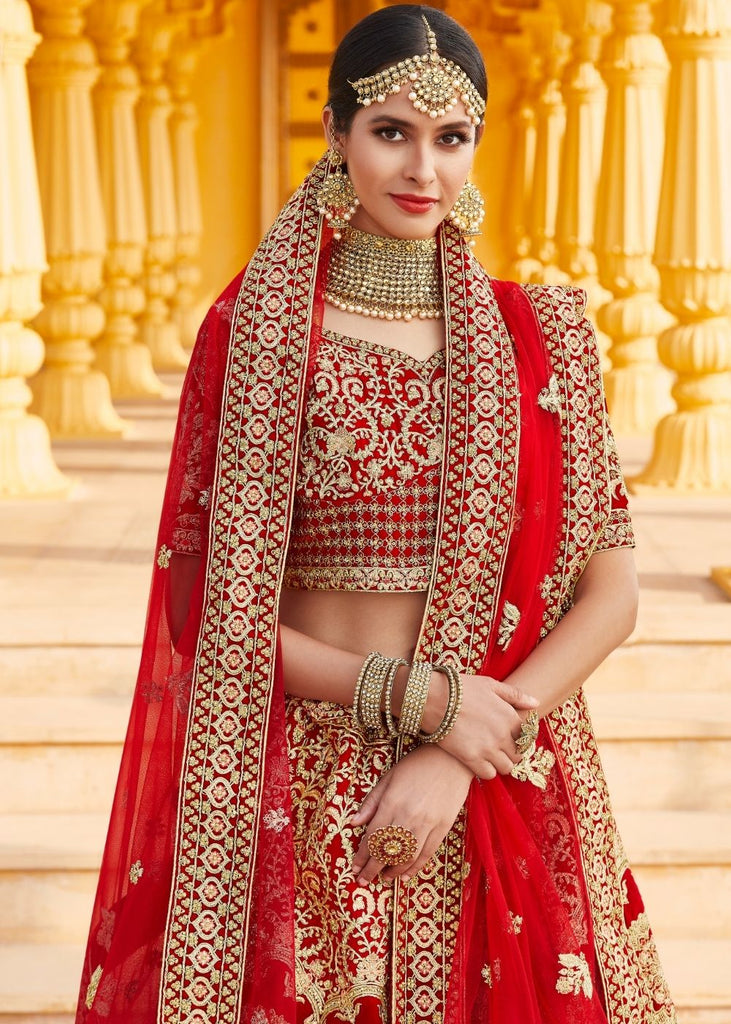 Crimson Red Velvet  Bridal Lehenga Choli with Embroidery & Hand work Clothsvilla