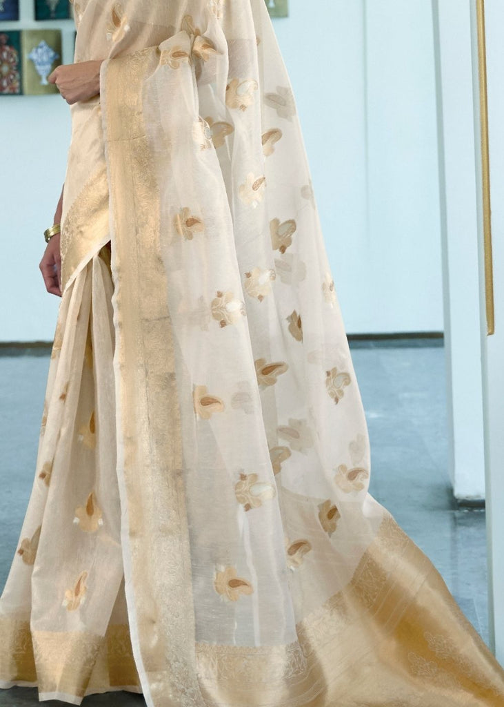 Ivory White Zari Woven Organza Silk Saree : Top Pick Clothsvilla