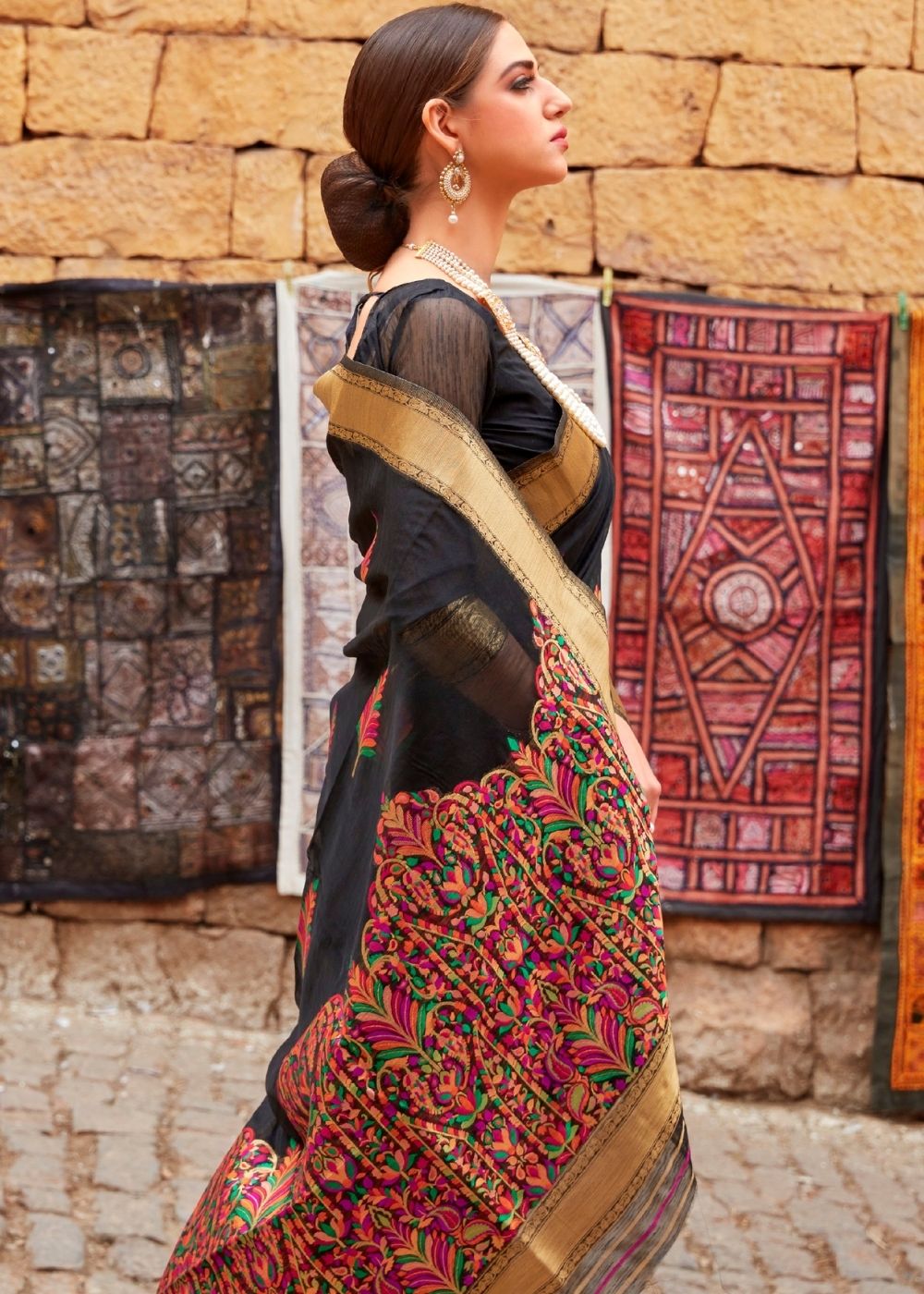 Sable Black Linen Silk Saree with Colorful Weaving work Clothsvilla