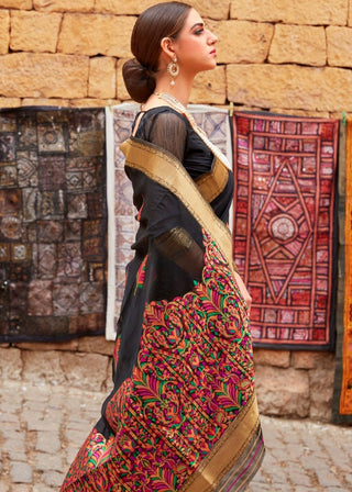 Sable Black Linen Silk Saree with Colorful Weaving work Clothsvilla