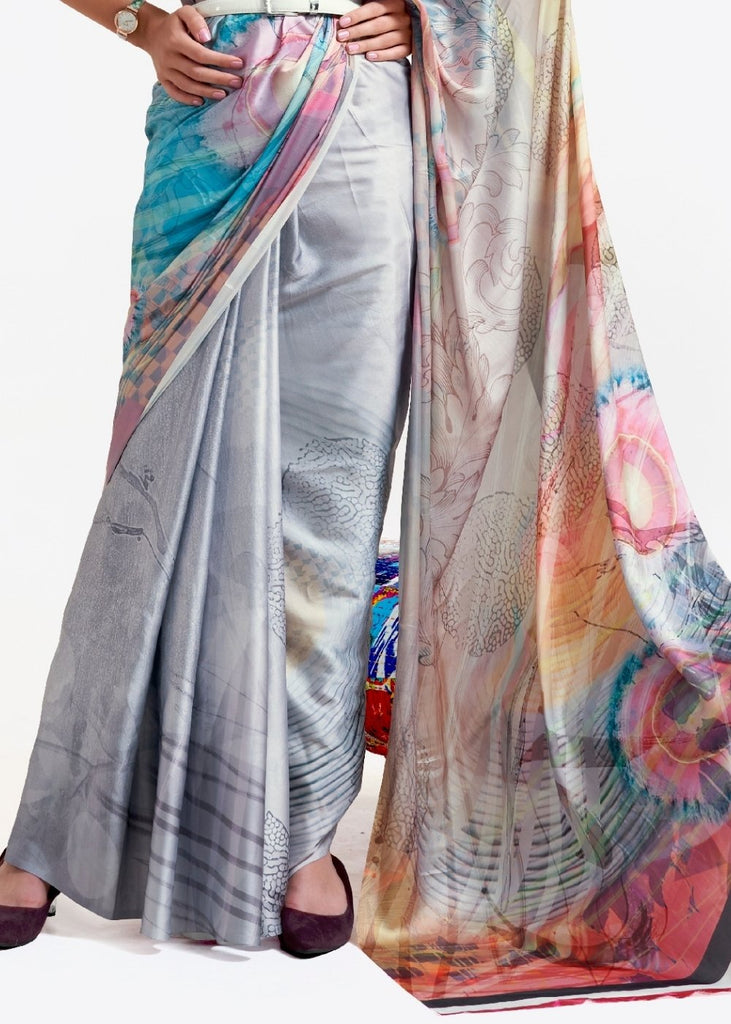 Silver Grey Digital Printed Satin Crepe Saree Clothsvilla