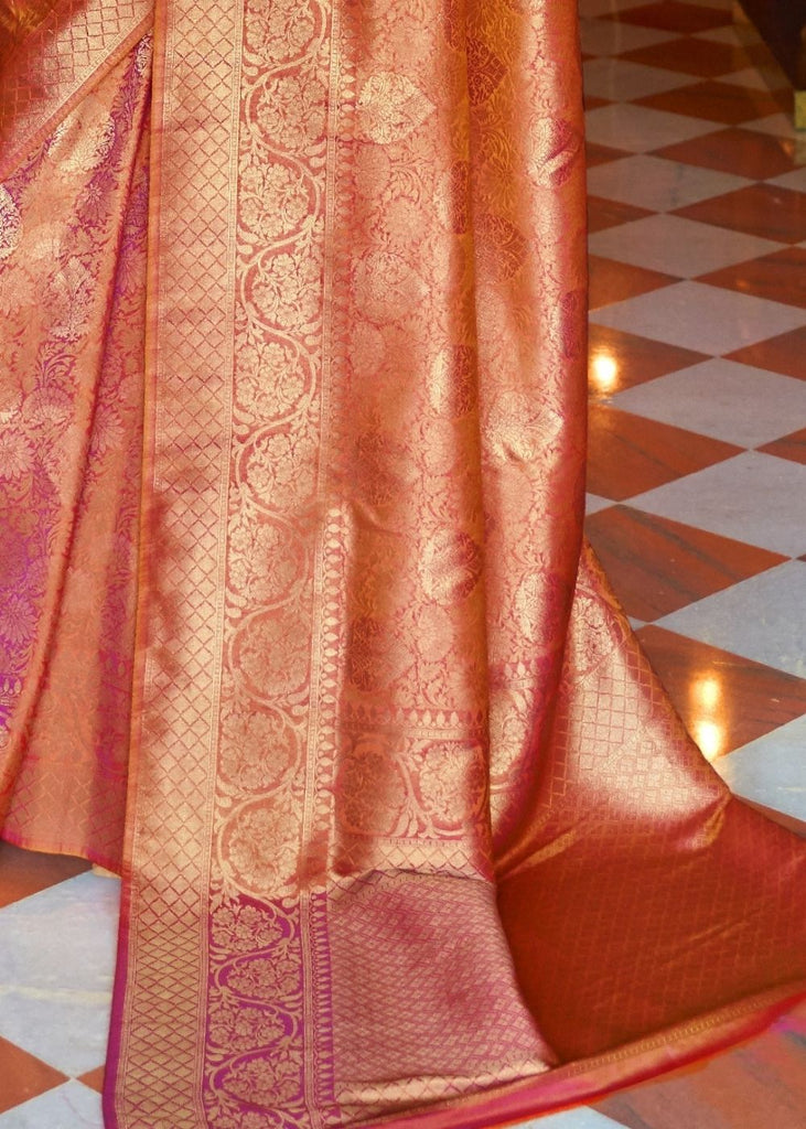 Blush Red and Golden Blend Woven Kanjivaram Soft Silk Saree Clothsvilla