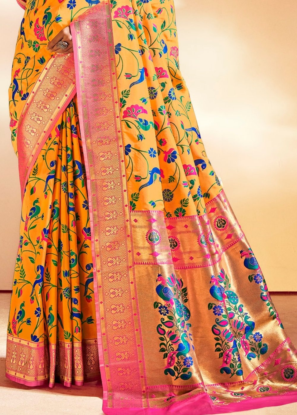 Saffron Yellow Woven Banarasi Paithani Silk Saree Clothsvilla