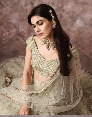 Lehenga Choli In Mint Green Color with Satin Blouse and Dupatta ClothsVilla