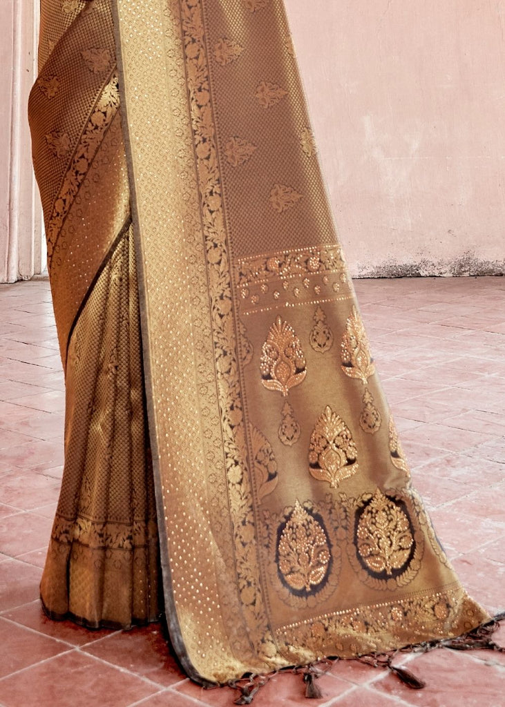 Cedar Brown Handloom Weave Kanjivaram Silk Saree with Swaroski work Clothsvilla