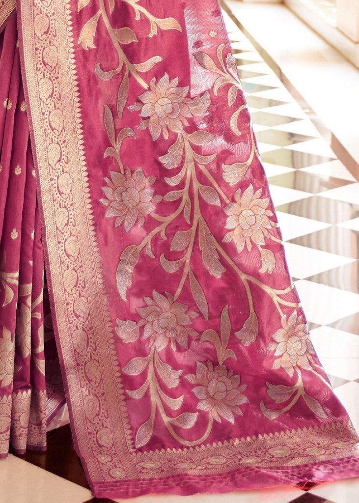 Ruby Pink Handloom Weaving Silk Saree with Floral Zari work on Pallu Clothsvilla