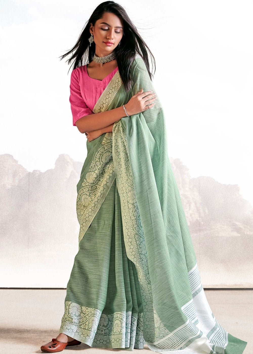 Viridian Green Soft Linen Silk Saree with Lucknowi work and Sequence Blouse Clothsvilla Main image