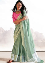Load image into Gallery viewer, Viridian Green Soft Linen Silk Saree with Lucknowi work and Sequence Blouse Clothsvilla