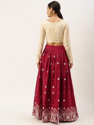 Maroon and beige woven design lehenga choli ClothsVilla