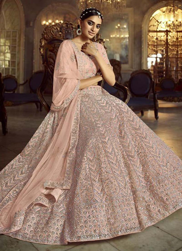 Majestic Peach Dori Work Soft Net base Panelled Lehenga Choli Set Clothsvilla