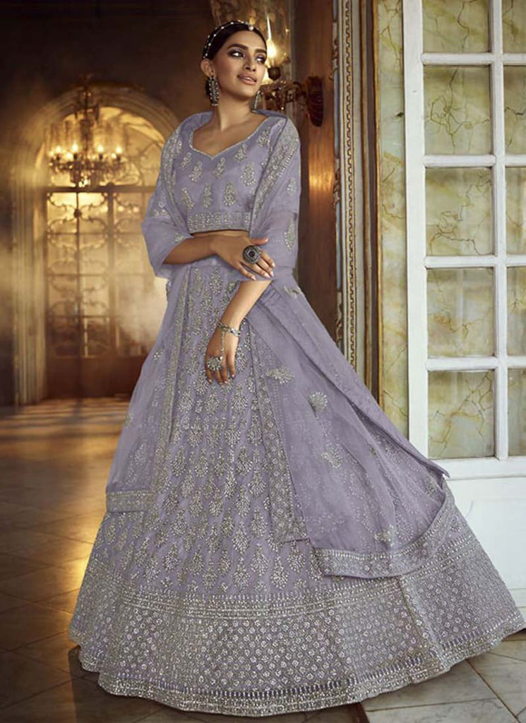 Charming Grey Zarkan Dori Soft Net Panelled Lehenga Choli Set Clothsvilla