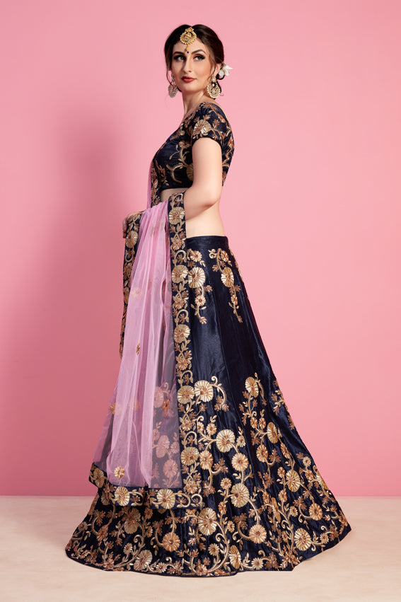 Patriot-Blue Velvet Silk Lehenga Choli With All Over Floral Golden Thread Embroidery And Pink Designer Dupatta Secondary image