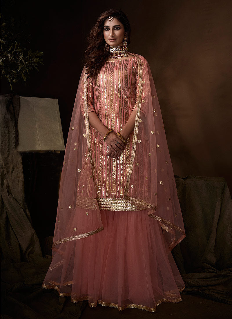 Peach Traditional Embroidered Gharara Suit Clothsvilla Main image