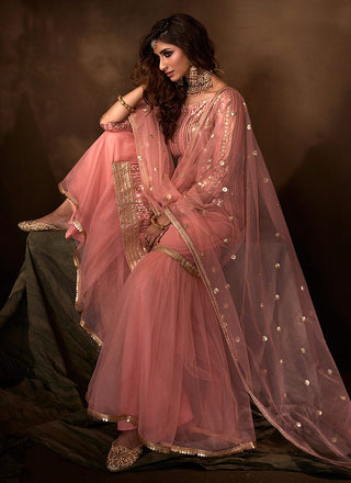 Peach Traditional Embroidered Gharara Suit Clothsvilla