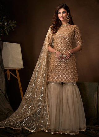 Beige Traditional Embroidered Gharara Suit Clothsvilla