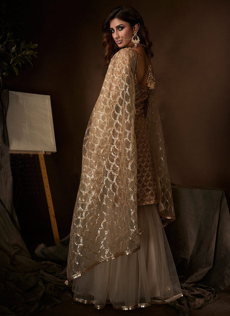 Beige Traditional Embroidered Gharara Suit Clothsvilla