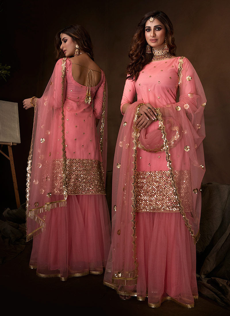 Pink Traditional Embroidered Gharara Suit Clothsvilla Main image