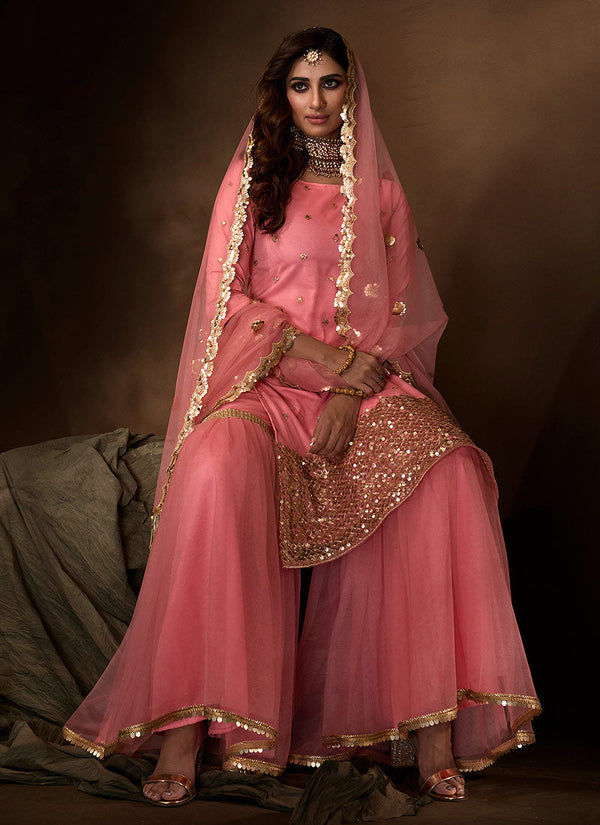 Pink Traditional Embroidered Gharara Suit Clothsvilla