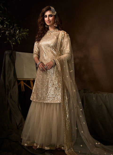 Golden Beige Traditional Embroidered Gharara Suit Clothsvilla Main image