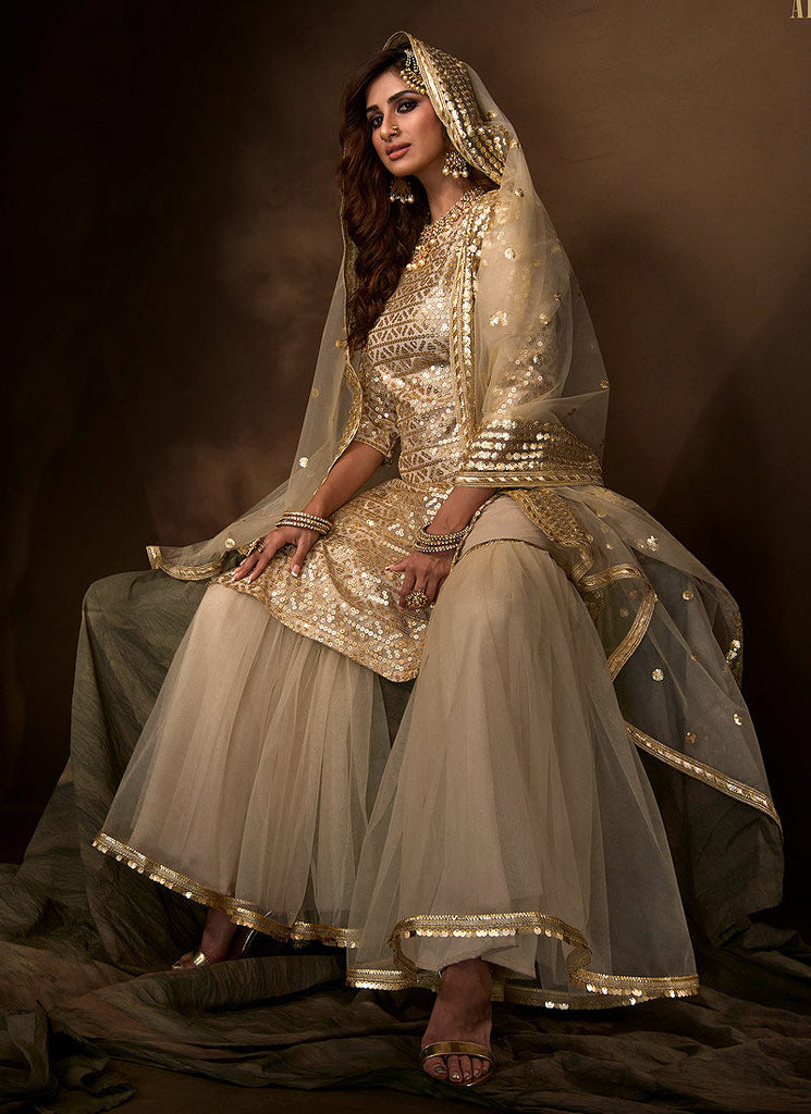 Golden Beige Traditional Embroidered Gharara Suit Clothsvilla