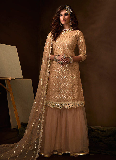 Beige Traditional Embroidered Gharara Suit Clothsvilla Main image