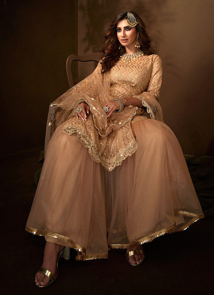 Beige Traditional Embroidered Gharara Suit Clothsvilla