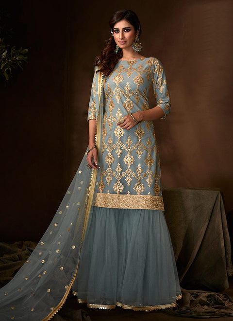 Teal Blue Traditional Embroidered Gharara Suit Clothsvilla Main image