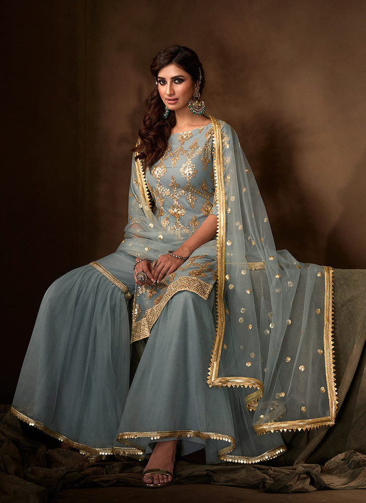 Teal Blue Traditional Embroidered Gharara Suit Clothsvilla