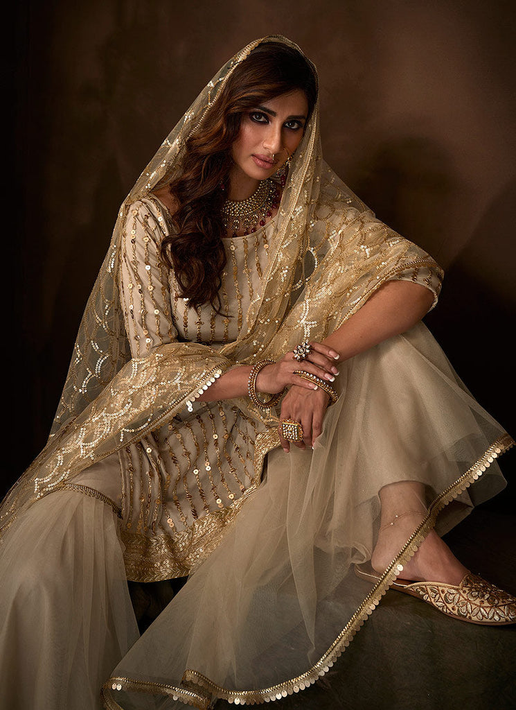 Off White Traditional Embroidered Gharara Suit Clothsvilla