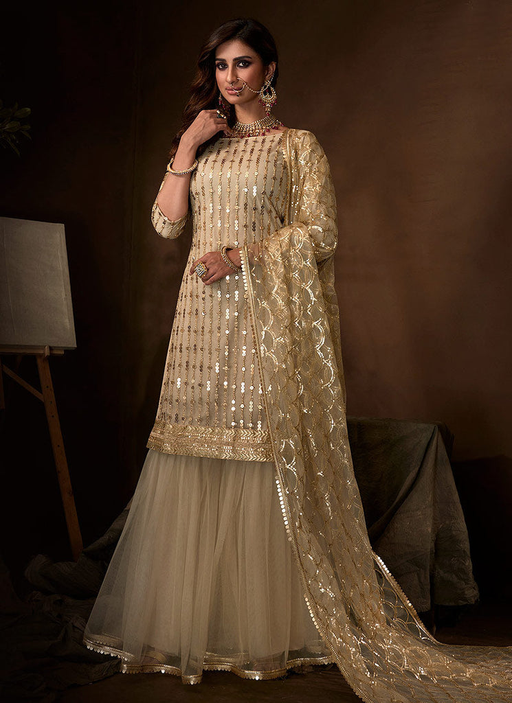 Off White Traditional Embroidered Gharara Suit Clothsvilla