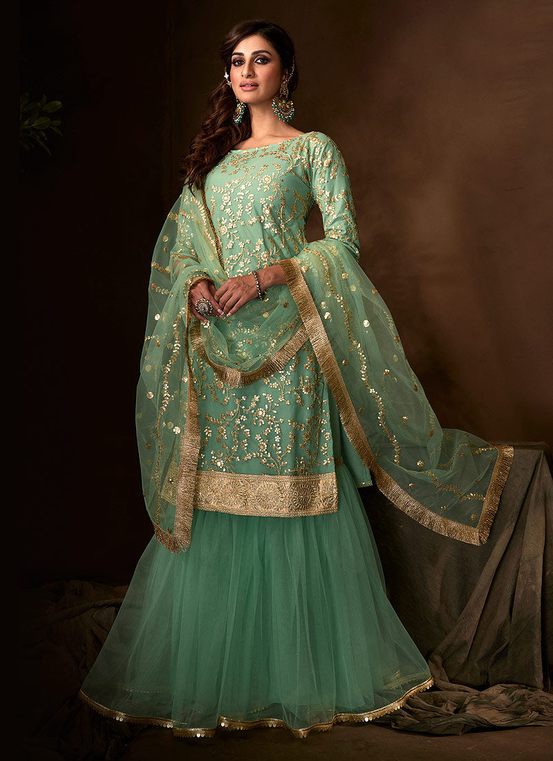 Mint Green Traditional Embroidered Gharara Suit Clothsvilla Main image