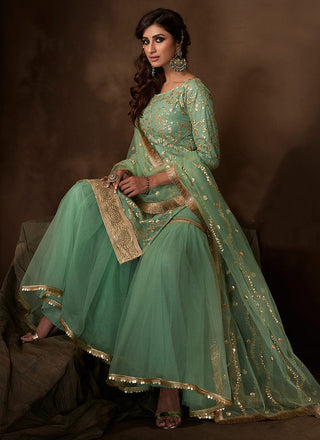 Mint Green Traditional Embroidered Gharara Suit Clothsvilla