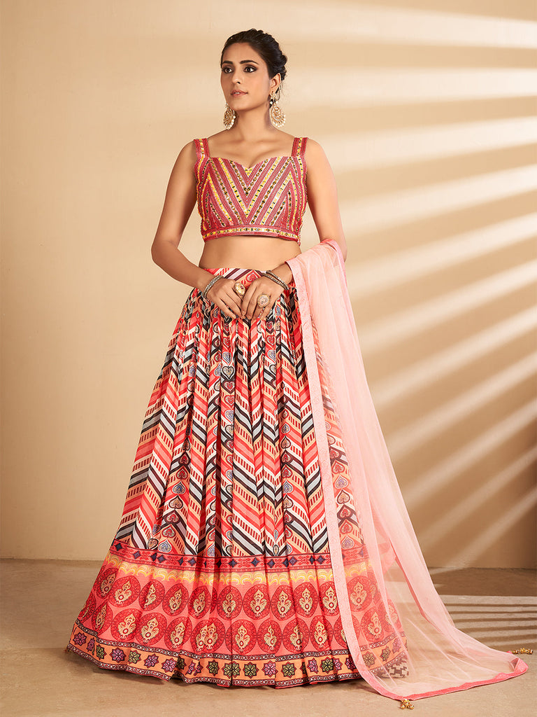 Multicolor Printed, Handwork Art Silk Semi Stitched Lehenga With Unstitched Blouse Clothsvilla