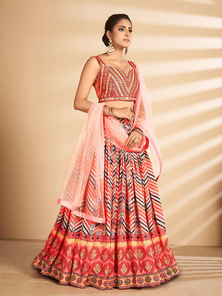 Multicolor Printed, Handwork Art Silk Semi Stitched Lehenga With Unstitched Blouse Clothsvilla