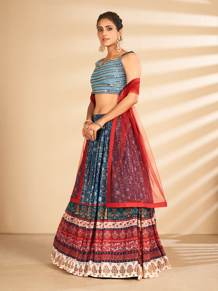 Multicolor Printed, Handwork Art Silk Semi Stitched Lehenga With Unstitched Blouse Clothsvilla