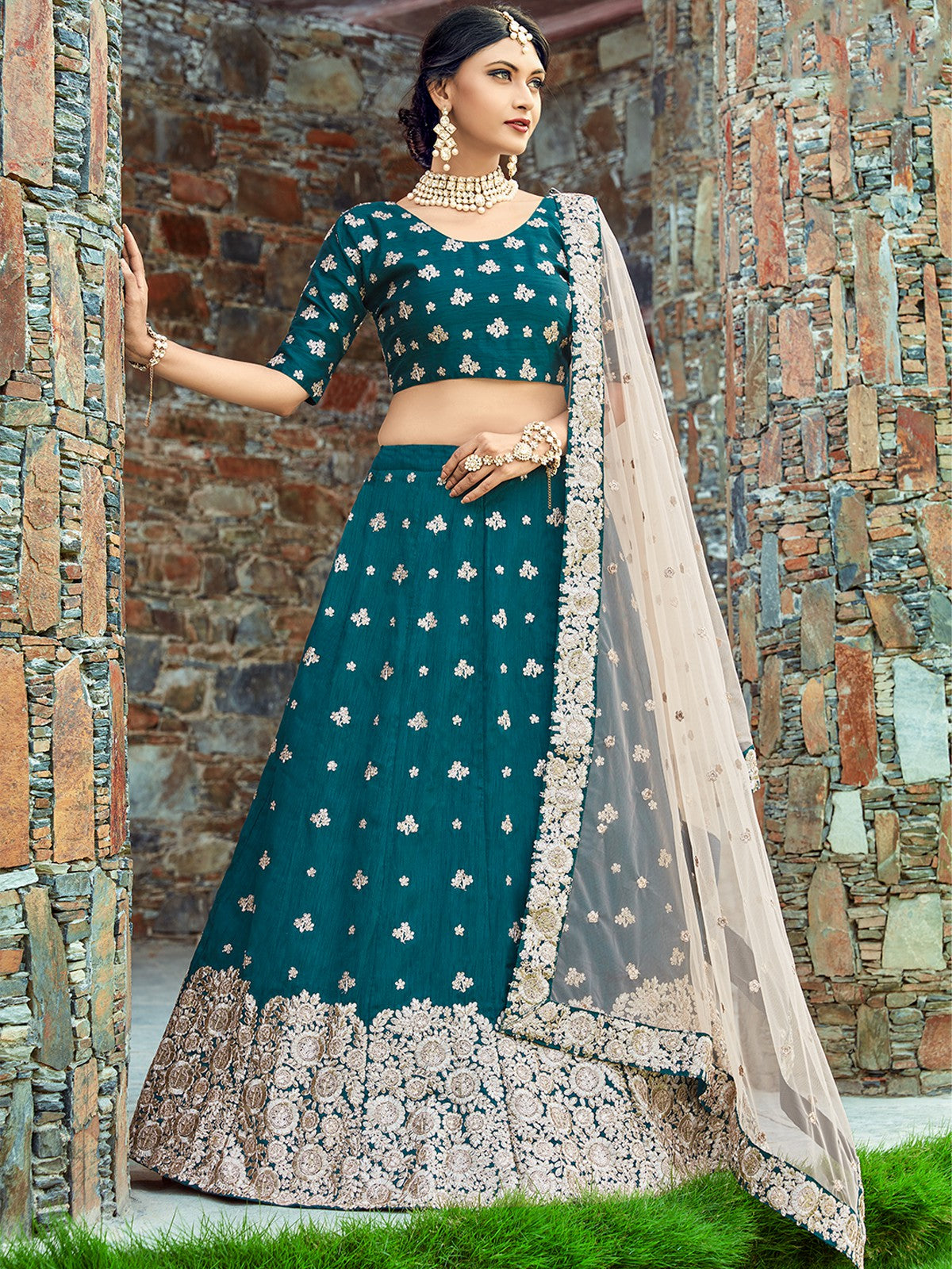 Teal Classy Semi Stitched Lehenga With  Unstitched Blouse Clothsvilla