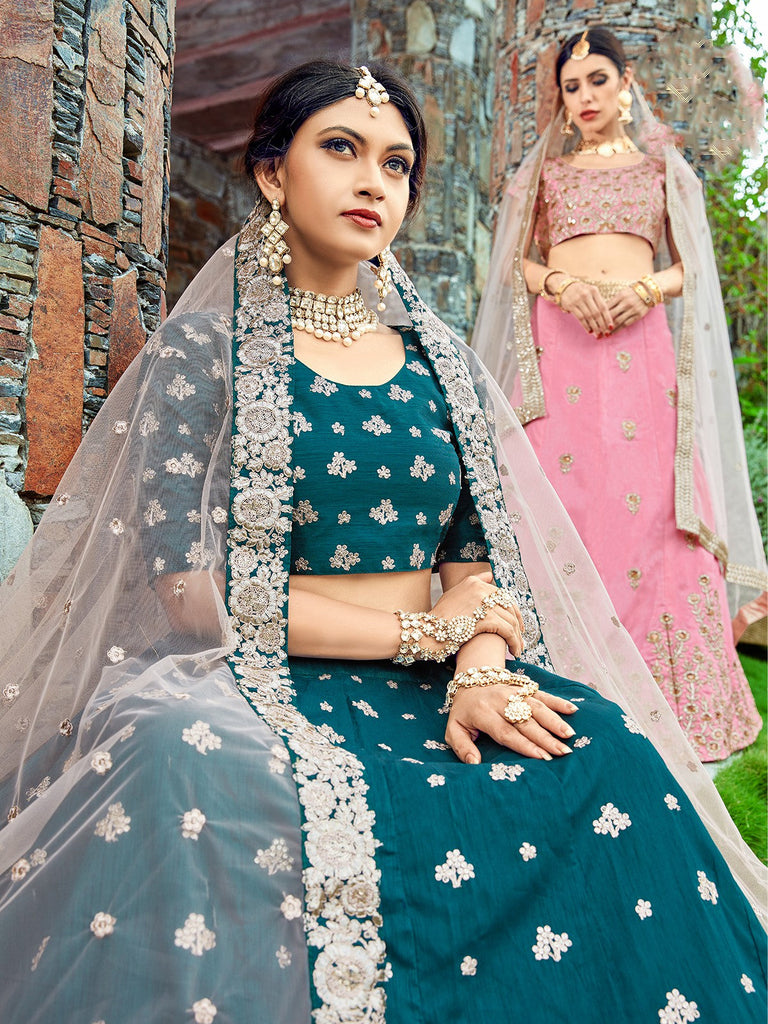 Teal Classy Semi Stitched Lehenga With  Unstitched Blouse Clothsvilla