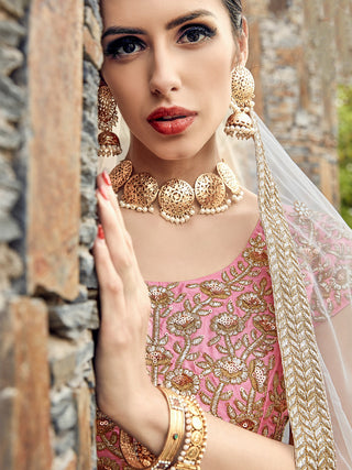 Designer Pink Semi Stitched Lehenga With  Unstitched Blouse Clothsvilla